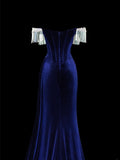Classy Formal Mermaid Off The Shoulder Royal Blue Velvet With Beads Style Impress Long Prom Dresses Party Gowns HZ0311