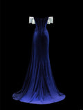 Classy Formal Mermaid Off The Shoulder Royal Blue Velvet With Beads Style Impress Long Prom Dresses Party Gowns HZ0311