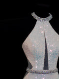 Classy Mermaid 1950s Formal High Neck White Sequins Style Impress Backless Long Prom Dresses Party Gowns HZ0311