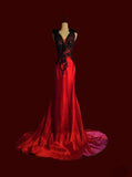 Modest Mermaid V Neck Red Satin Black Lace Sleeveless Long Evening Dresses Inspo Senior Night Dance Prom Dress HZ0311