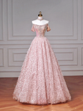 Fairy-tale Ball Gown Strapless Pink Tulle With Gems Long Formal Fancy Beaded Prom Evening Dress Dinner Outfits Party Gowns HZ0311