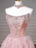 Fairy-tale Ball Gown Strapless Pink Tulle With Gems Long Formal Fancy Beaded Prom Evening Dress Dinner Outfits Party Gowns HZ0311