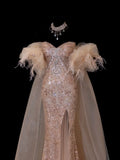 Modest Prom Dresses Aesthetic Mermaid Sweetheart Inspiration Gold Beads Sequin Style Impress With Slit Cape Long Party Formal Gown HZ0311