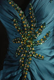 Vintage 1950s Formal Mermaid Spaghetti Strap Teal Blue Pleated Satin With Beads Sleeveless Long Prom Dresses Party Formal Gowns HZ0311