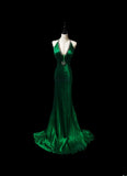 Vintage Mermaid Halter Green Satin With Beading Sleeveless Long Prom Dresses High School Senior Graduation Dance Evening Outfits HZ0311