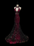 Vintage Mermaid Halter Burgundy Black Lace With Beading Sleeveless Long Prom Dresses High School Senior Graduation Dance Evening Dress HZ0311