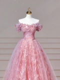 Elegant Ball Gown Off The Shoulder Pink Tulle Long Formal Fancy Prom Evening Dress Dinner Outfits Party Gowns HZ0311