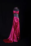 Vintage Mermaid High Neck Hot Pink Satin Party Dress With Beads 1950s Retro Classy Birthday Dinner Long Prom Dresses HZ0311