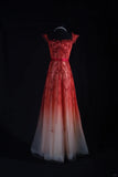 Vintage A line Ombre Red Tulle Square Neck Party Dress With Beads 1950s Retro Classy Birthday Dinner Long Prom Dresses HZ0311