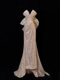 Classy Formal Mermaid Sweetheart Champagne Sequins With Beads Bow-knot Style Impress Long Prom Dresses Party Gowns HZ0311