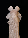 Classy Formal Mermaid Sweetheart Champagne Sequins With Beads Bow-knot Style Impress Long Prom Dresses Party Gowns HZ0311