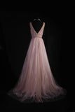 Women's Cocktail Party Gowns A Line V Neck Blush Pink With Beaded Tops Long Graduation Dinner Outfits Prom Dresses HZ0311