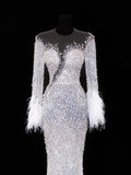Elegant Women's Mermaid Scoop Neck With Long Sleeves White Tulle With Beadings Feather Long Wedding Gowns Dresses HZ0311