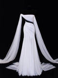 Elegant Women's Mermaid Strapless With One Shoulder Sleeves White Tulle Long Wedding Gowns Dresses HZ0311