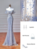 Sparkly Mermaid Strapless Light Blue Sequins With Sleeves Long Formal Fancy Prom Evening Dress Dinner Outfits Party Gowns HZ0311