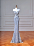 Sparkly Mermaid Strapless Light Blue Sequins With Sleeves Long Formal Fancy Prom Evening Dress Dinner Outfits Party Gowns HZ0311