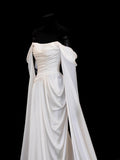Modest Prom Dresses Aesthetic Sheath Off The Shoulder Ivory Satin Inspiration Style Impress With Sleeves Cape Long Party Formal Gown HZ0311