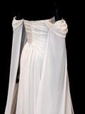 Modest Prom Dresses Aesthetic Sheath Off The Shoulder Ivory Satin Inspiration Style Impress With Sleeves Cape Long Party Formal Gown HZ0311