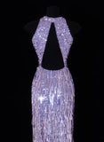 Classy Formal Sheath Scoop Neck Lilac Sequins With Tassel Style Impress Long Prom Dresses Party Gowns HZ0311