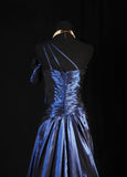 Retro Vintage 1960s Formal A line One Shoulder Fashion Navy Blue Satin With Beads Sleeveless Long Prom Dresses Party Formal Gowns HZ0311