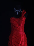 Retro Vintage 1960s Formal High Low Fashion One Shoulder Red Tiered Satin With Flower Sleeveless Long Prom Dresses Party Formal Gowns HZ0311