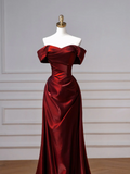 Classy Mermaid Off The Shoulder Burgundy Satin Long Formal Prom Dresses Dance Night Outfits Party Gowns HZ0311