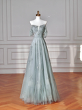 Elegant A line Square Neck Green Tulle Long Formal Prom Evening Dresses Dinner Outfits Party Gowns HZ0311