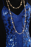 Retro 50s 1950s Formal Sheath Spaghetti Strap Royal Blue With Gem Beads Sleeveless Mid Length Prom Dresses Party Formal Gowns HZ0311
