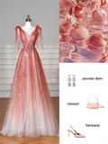 Elegant A Line V Neck Tulle Long Formal Prom Dresses Dance Night Outfits Evening Party Gowns HZ0311
