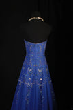 Retro 70s 1960s Formal A Line Strapless Royal Blue With Gem Beads Chiffon Sleeveless Long Prom Dresses Party Formal Gowns HZ0311