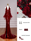 Glitter Mermaid Halter Burgundy With Sequins Long Formal Prom Dresses Dance Night Outfits Evening Birthday Outfit HZ0311