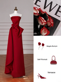 Simple A Line Strapless Red Satin Long Formal Prom Dresses Dance Night Outfits Evening Birthday Outfit HZ0311
