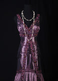 Retro Vintage 1960s Formal Mermaid V Neck Purple With Beads Long Prom Dresses Party Formal Gowns HZ0311