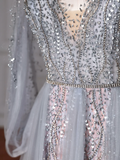 Elegant A Line V Neck Silver Gray Tulle Long Formal Prom Dresses Dance Night Outfits Evening Party Gowns HZ0311