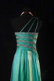 Retro 70s 1960s Formal A Line Multi Colors Green Blue With Gem Beads One Shoulder Sleeveless Long Prom Dresses Party Formal Gowns HZ0311