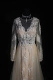 Elegant Women's A line V Neck With Long Sleeves Champagne Lace Floor Length Wedding Gowns Dresses HZ0311