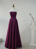 Simple A Line Strapless Grape Satin Long Formal Prom Dresses Dance Night Outfits Evening Birthday Outfit HZ0311
