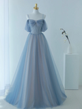 Charming Ball Gown Spaghetti Straps Dusty Blue Tulle Long Prom Dresses Impress 18th Birthday Outfits Prom Gown HZ0311