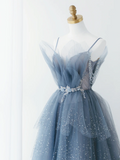 Gorgeous Dusty Blue Sparkly Tulle Beaded Prom Dress Tiered Formal Gown With Rhinestone Party Gowns HZ0311