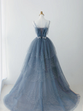 Gorgeous Dusty Blue Sparkly Tulle Beaded Prom Dress Tiered Formal Gown With Rhinestone Party Gowns HZ0311