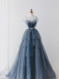Gorgeous Dusty Blue Sparkly Tulle Beaded Prom Dress Tiered Formal Gown With Rhinestone Party Gowns HZ0311