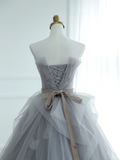 Chic Ball Gown Strapless Silver Gray Tulle Long Formal Prom Dresses Dance Night Outfits Evening 18th Birthday Outfit HZ0311