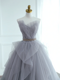 Chic Ball Gown Strapless Silver Gray Tulle Long Formal Prom Dresses Dance Night Outfits Evening 18th Birthday Outfit HZ0311