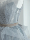 Chic Ball Gown Strapless Silver Gray Tulle Long Formal Prom Dresses Dance Night Outfits Evening 18th Birthday Outfit HZ0311