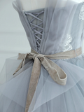 Chic Ball Gown Strapless Silver Gray Tulle Long Formal Prom Dresses Dance Night Outfits Evening 18th Birthday Outfit HZ0311