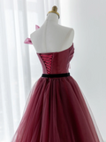 Elegant Ball Gown Strapless Burgundy Tulle Long Formal Prom Dresses Dance Night Outfits Evening 18th Birthday Outfit HZ0311