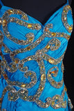 Chic A line Spaghetti Straps Chiffon Blue With Gold Beads Sequins Long Formal Fancy Prom Dresses Dinner Outfits Party Gowns For Teens HZ0311