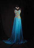 Chic A line Spaghetti Straps Chiffon Blue With Gold Beads Sequins Long Formal Fancy Prom Dresses Dinner Outfits Party Gowns For Teens HZ0311
