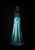 Vintage Mermaid Halter Blue Satin With Beads Long Formal Fancy Prom Dresses Night Outfits Party Gowns For Teens HZ0311