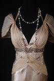 Classy Prom Dresses 1950s A line V Neckline Champagne Chiffon With Beaded Vintage Long Parties Gowns Evening Dress HZ0311